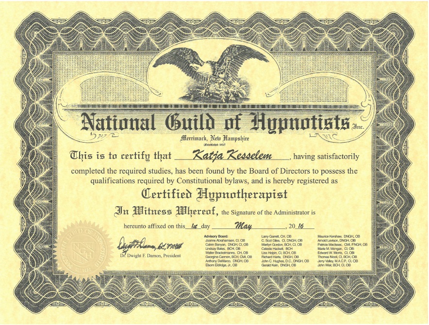 Ausbildungen und Qualifikationen -Hypnose Andernach - Katja Kesselem - Zertifikat National Guild of Hypnotists