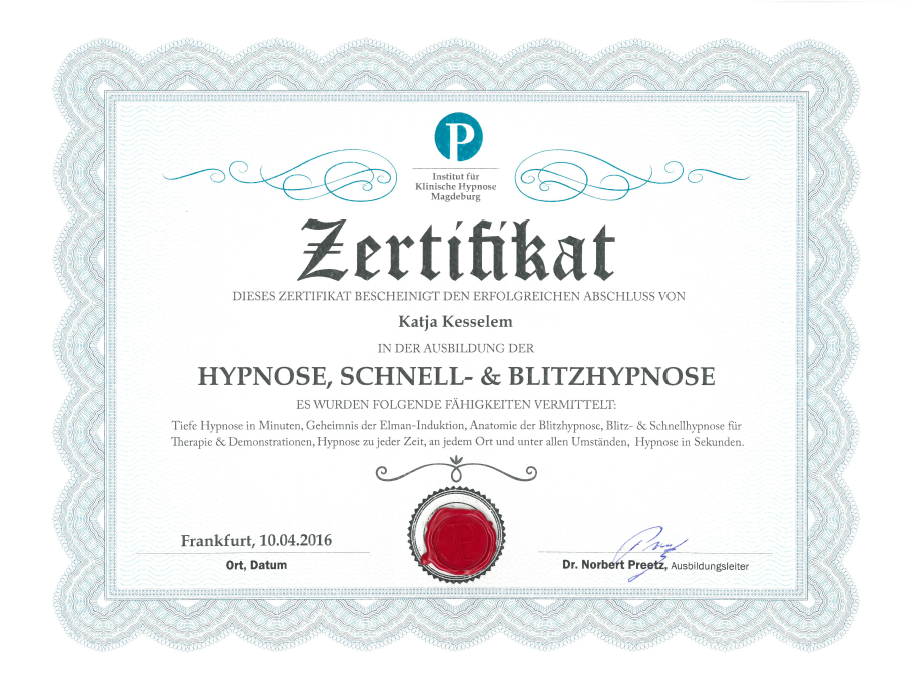 Ausbildungen und Qualifikationen -Hypnose Blitzhypnose Katja Kesselem - Hypnosetherapie Andernach Koblenz 